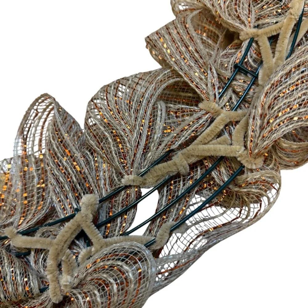 Handmade Rustic Fall Harvest Deco Mesh Wreath Faux Grass & Leaf Bow 22 inches